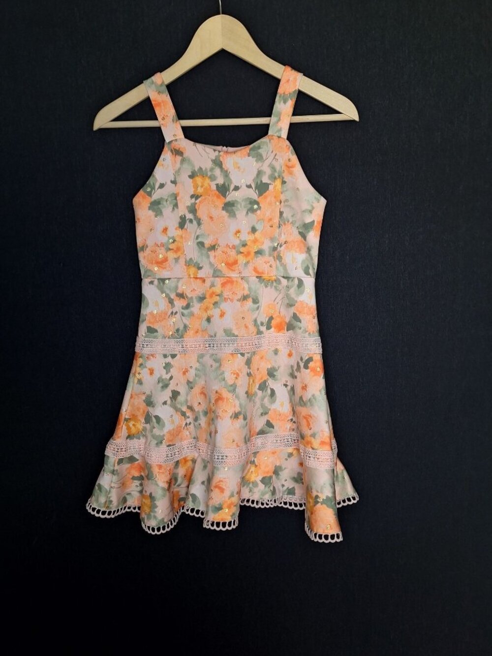 💙 Knit Works Girls Size 10 Floral Fit & Flare Dress Gold Foil Lace Trim Party F